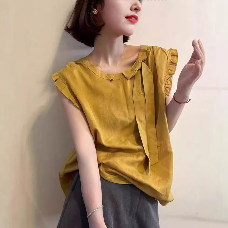 French Fungus Lace Sweet Bow Sleeveless Shirt for Women 2025 Summer Design Niche Chic Top