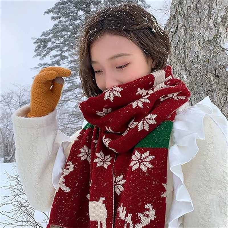 Sciarpa di lana calda lavorata a maglia con renne autunnali e invernali, scialle, sciarpa rossa per Capodanno._voghion.com