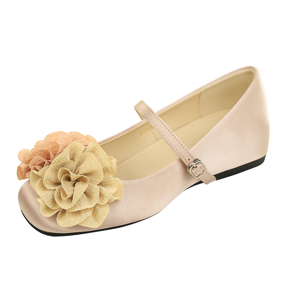 836-H162TP French Style Double Color Small Flower Square Head Shallow Mouth One Word Buckle with Increased Height Middle Heel Women's Shoes