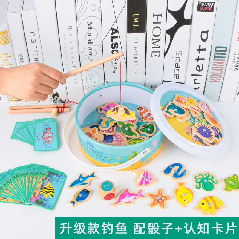 Barril de madera juguete de pesca marina educación temprana para niños rompecabezas cognición divertido juego de peces marinos magnéticos entre padres e hijos