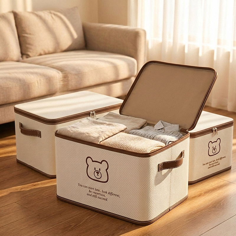Caja de oso beige, armario doméstico, caja de acabado, caja de almacenamiento de juguetes, caja de almacenamiento plegable de gran capacidad