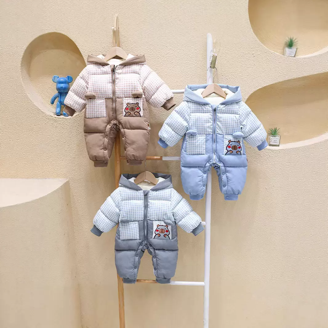 韩版童装婴儿衣服加绒冬装爬服0-3岁宝宝棉衣加厚夹棉外出连体衣2