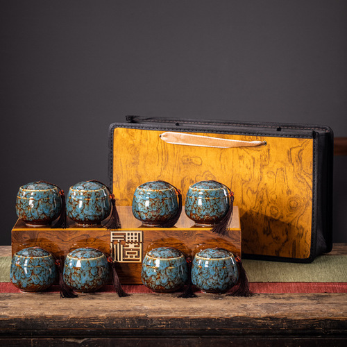 Tea Leaf Packaging Box High-End Wooden Empty Gift Box Golden Hinoki Wood Pattern Wood Gift Box, One Box Contains Six Exquisite Ceramic Small Cans