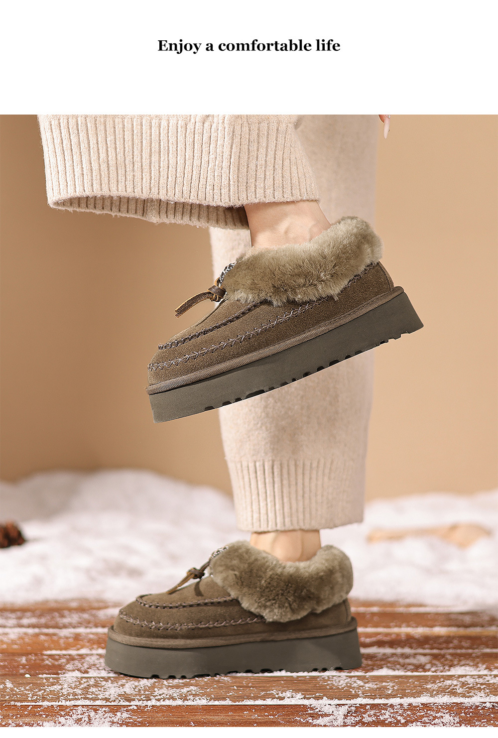 Boot tuyết nữ da cừu liền thân lót lông dày giữ ấm đế dày 4 cm — con linh dương màu nâu chi tiết 10