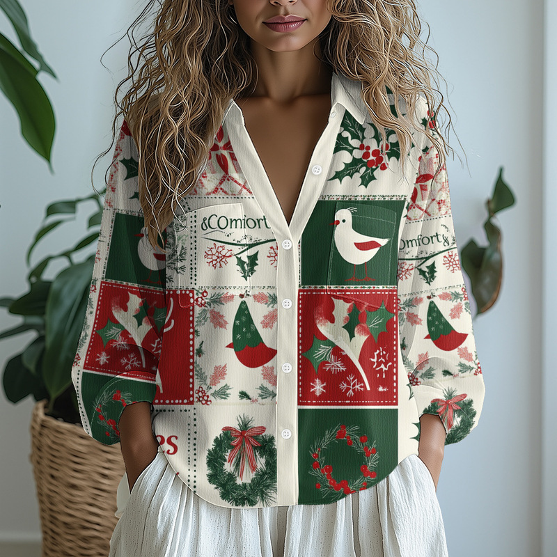 2025 Cross-Border Export Autumn and Winter New Style Christmas 3D Printed Women's V Neck Casual Front Chest Double Flap Pocket Pants Shirt