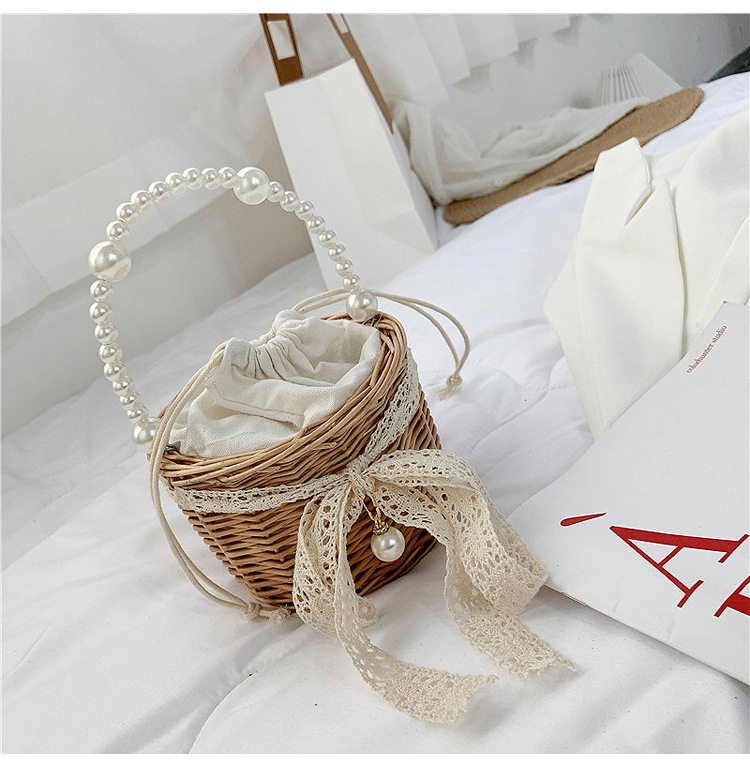 Women's Medium Rattan Bow Knot Elegant Vacation Pearls String Straw Bag display picture 1