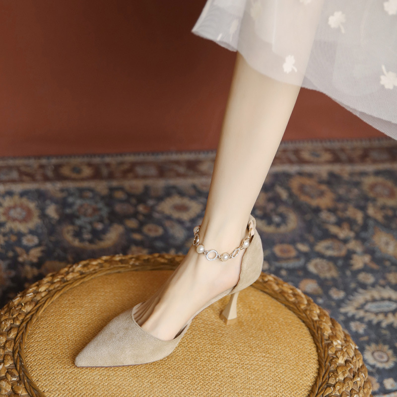 French-Style Niche High Heels with Skirt for Women, Summer Pearl Stiletto, Sexy and Elegant Ladylike Graduation Black Small Heels