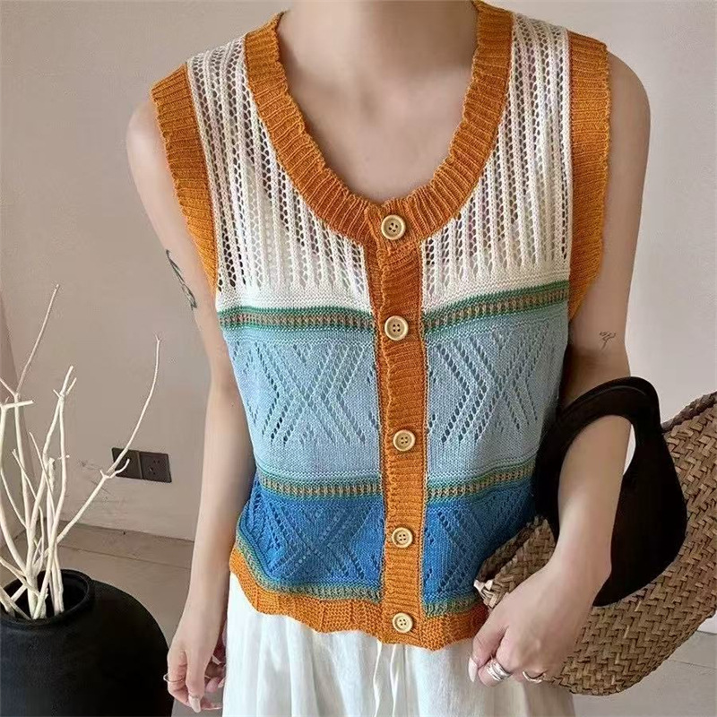 2025 New Summer Fashion Round Neck Single-Breasted Contrast Color Design Sleeveless Knitted Cardigan Vest Women's Top