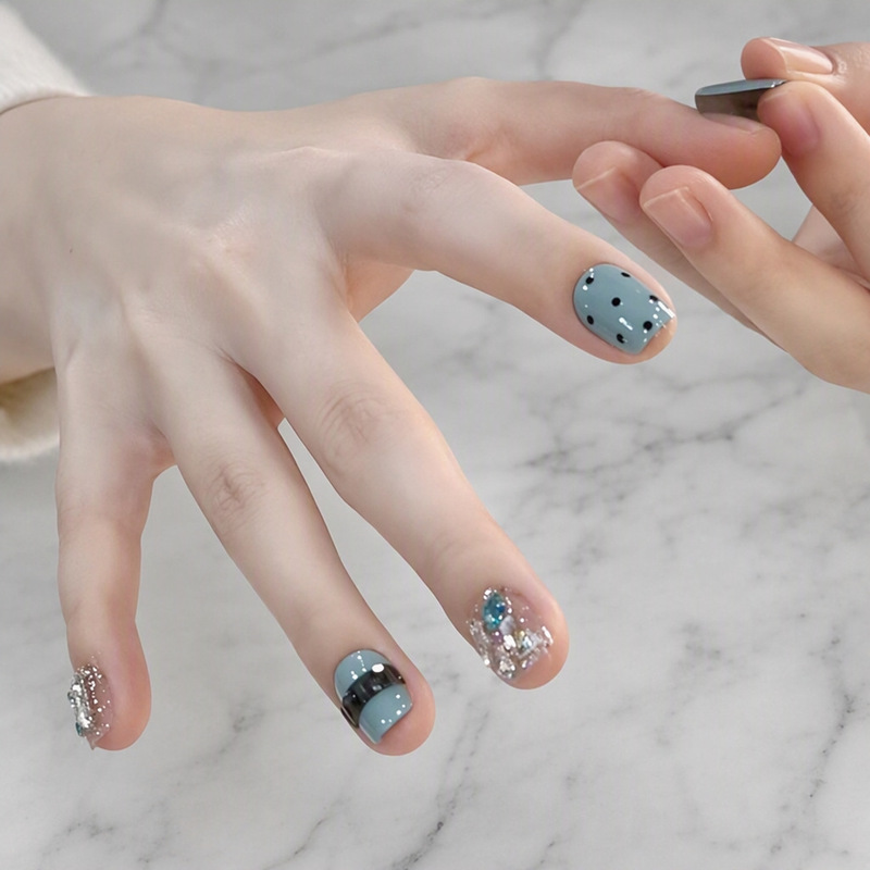 Tiffany Blue Handmade Wearable Nails with Retro Polka Dots and Dazzling Rhinestones, Simple Wearable Nail Tips Wholesale Tiffany Blue Handmade Wearable Nails with Retro Polka Dots and Dazzling Rhinestones, Simple Wearable Nail Tips Wholesale