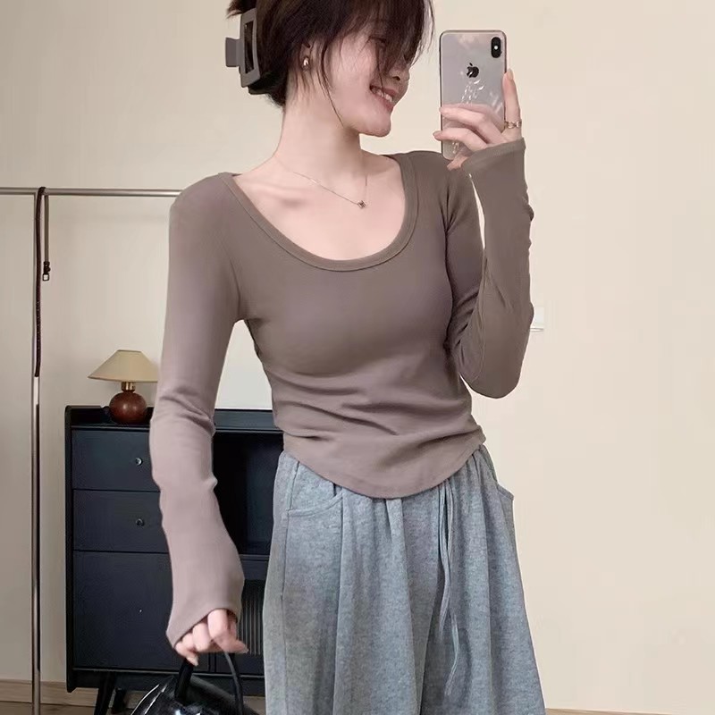 U-목 긴 소매; 라이트 베이지