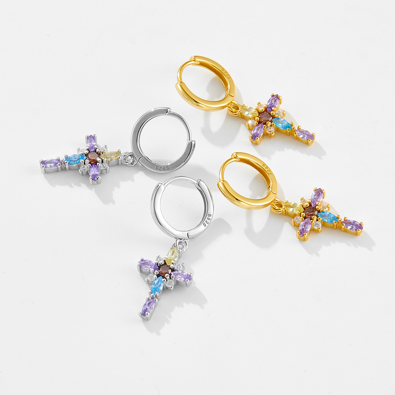 Electroplating Gold Plating Process 925 Sterling Silver Ear Needle Material 1 Pair 18K Gold Plated White Gold Plated 925 Sterling Silver Zircon Cross Drop Earrings