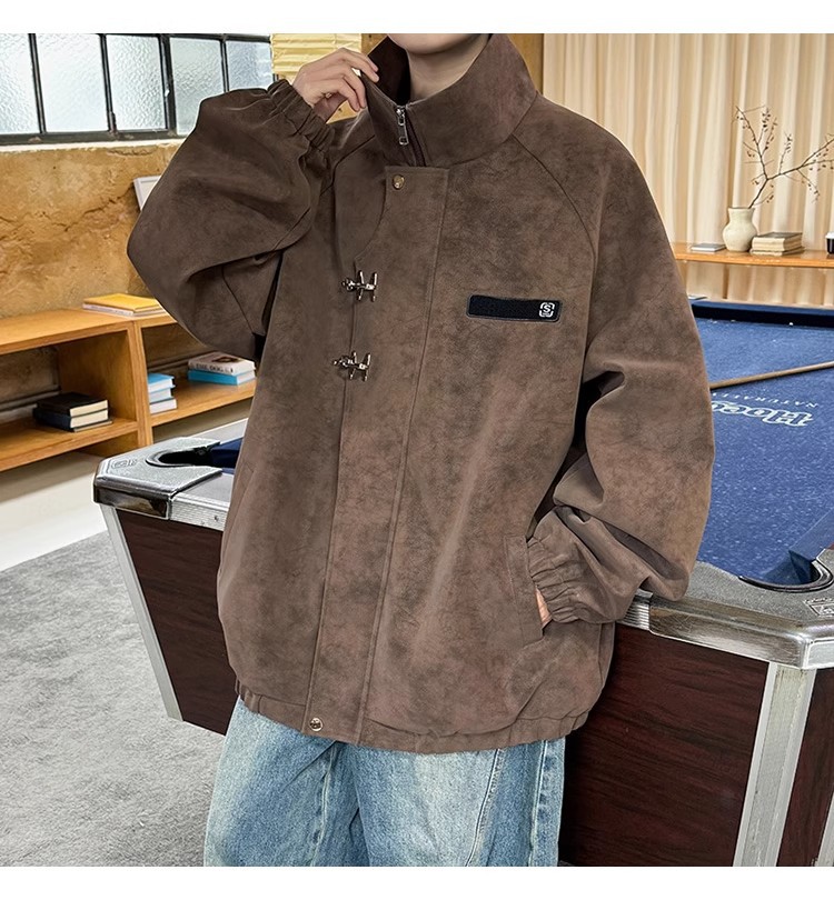 American High Street Buckle Locomotive Pu chaqueta de cuero hombre marca de invierno y otoño suelta retro alta sensación de abrigo de cuero de cuello vertical