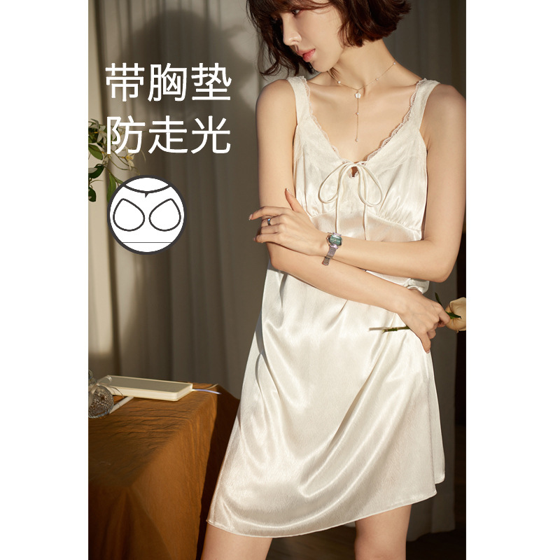 Suspender Nightgown for Women Ice Silk Summer Sexy Pure Desire with Breast Pad Summer Lace Vest Pajamas Skirt