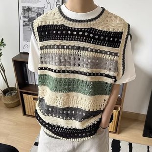 Autumn Men's Round Neck Wool Vest Korean Style Sleeveless Sweater Vest Fashionable Waistcoat Men's Stripesd Wool Knitted Vest