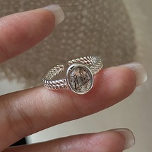 S925纯银韩版简约黑发晶简约戒指韩国风时髦个性INS指环银饰批发