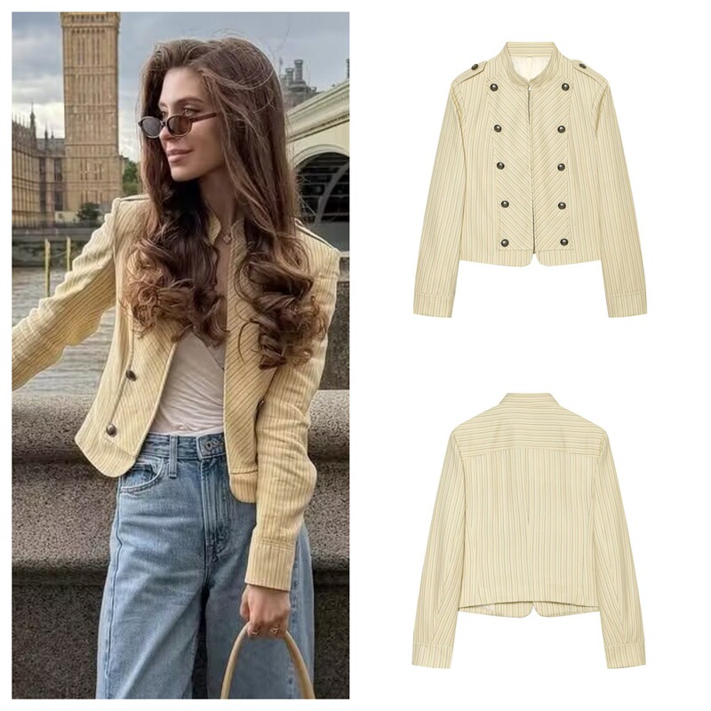 Pb&Za Cross-Border Women's Clothing Navy Style Stand Collar Long Sleeve Striped Double-Breasted Jacket 37091487 Pb&Za Cross-Border Women's Clothing Navy Style Stand Collar Long Sleeve Striped Double-Breasted Jacket 37091487