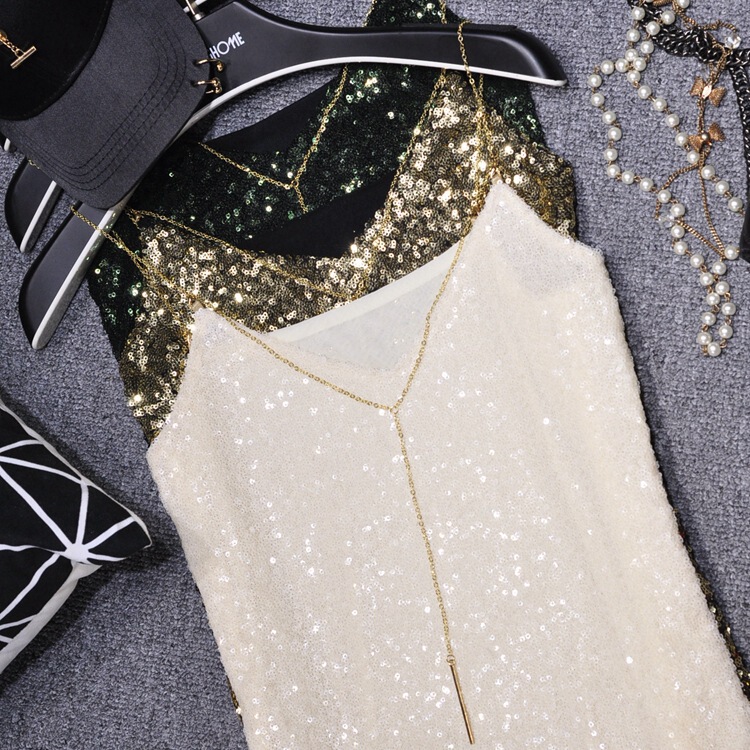 Spring 2020 New Sexy V-neck Metal Chain Black Sequin Camisole Outer Wear Base Shirt Top Women Spring 2020 New Sexy V-neck Metal Chain Black Sequin Camisole Outer Wear Base Shirt Top Women