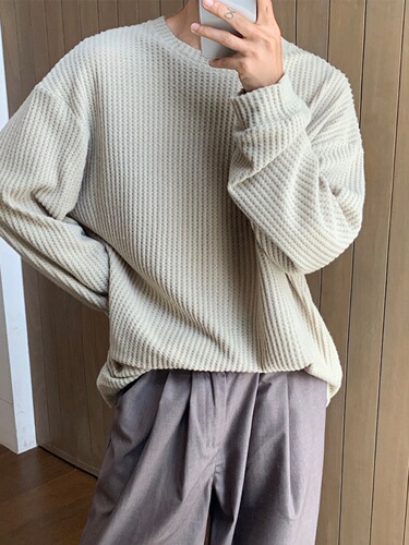 Men's Long-Sleeve Honeycomb T-Shirt 2024 Spring and Autumn New Casual Flannel V-Neck Base Layer Top Loose Upper Shirt