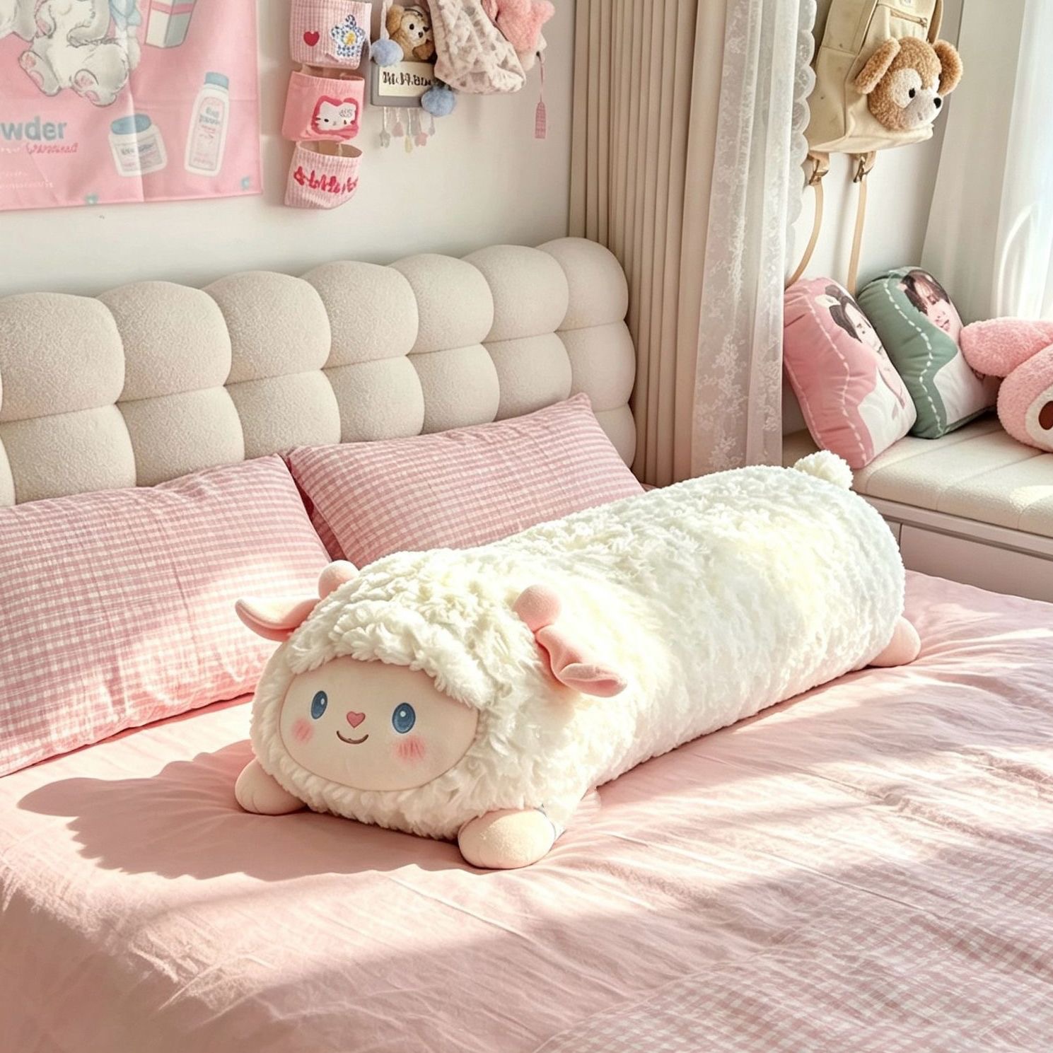 Cute fluffy little lamb long pillow plush toy for side sleeping, leg-hugging doll for bed and dormitory use