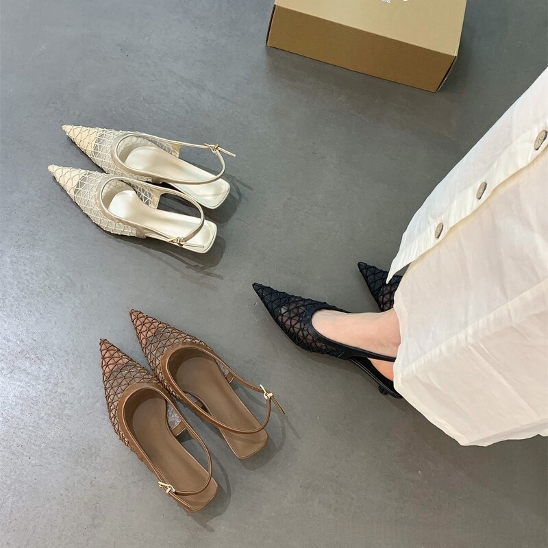 French Kitten Heel High Heel Mesh Breathable Toe-Cap Sandals Women's Shoes 2025 New Summer Woven Pointed Toe Shoes