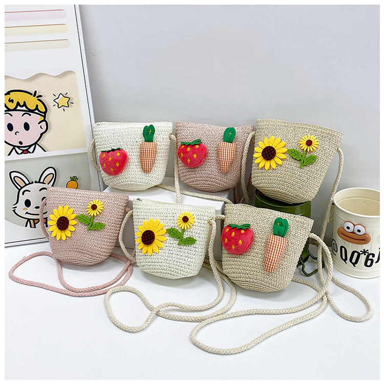 Japanese-style cute cartoon flower small bags, children's straw woven bags, mini crossbody bags, beach play zipper bags, single-shoulder bags undefined