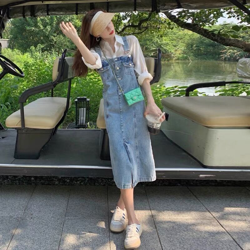 Vintage Blue Denim Split dress New Niche Design Sense Elegant Small Women's Summer Strap Pants Vintage Blue Denim Split dress New Niche Design Sense Elegant Small Women's Summer Strap Pants