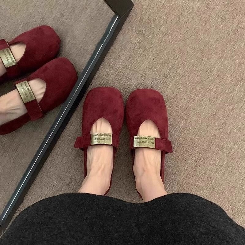 2026 New Soft Leather Suede Flat Mary Jane Shoes for Women, Suitable for Spring and Autumn, Red Shallow Mouth Fashion Single Shoes 2026 New Soft Leather Suede Flat Mary Jane Shoes for Women, Suitable for Spring and Autumn, Red Shallow Mouth Fashion Single Shoes