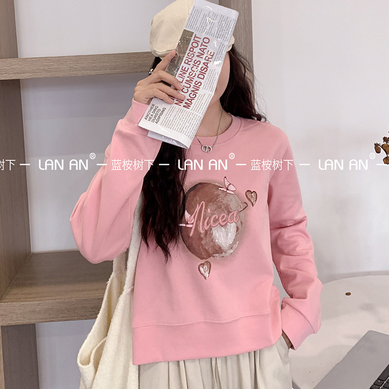Autumn and Winter New Crewneck Long-sleeved Qiuye Double-sided Cotton Shoulder Sweat Craft Embroidery Casual Age-reducing Slim-fit Short Women