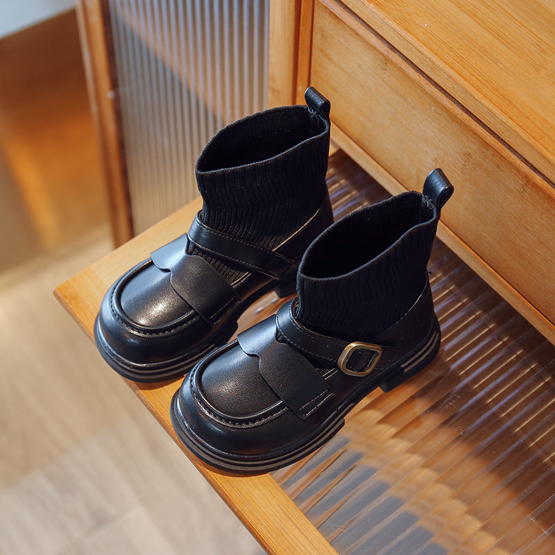Nouvelles chaussettes tricotées d'hiver pour petites filles Bottines à semelles souples Bottines noires en cuir pour bébé pour enfants_voghion.com