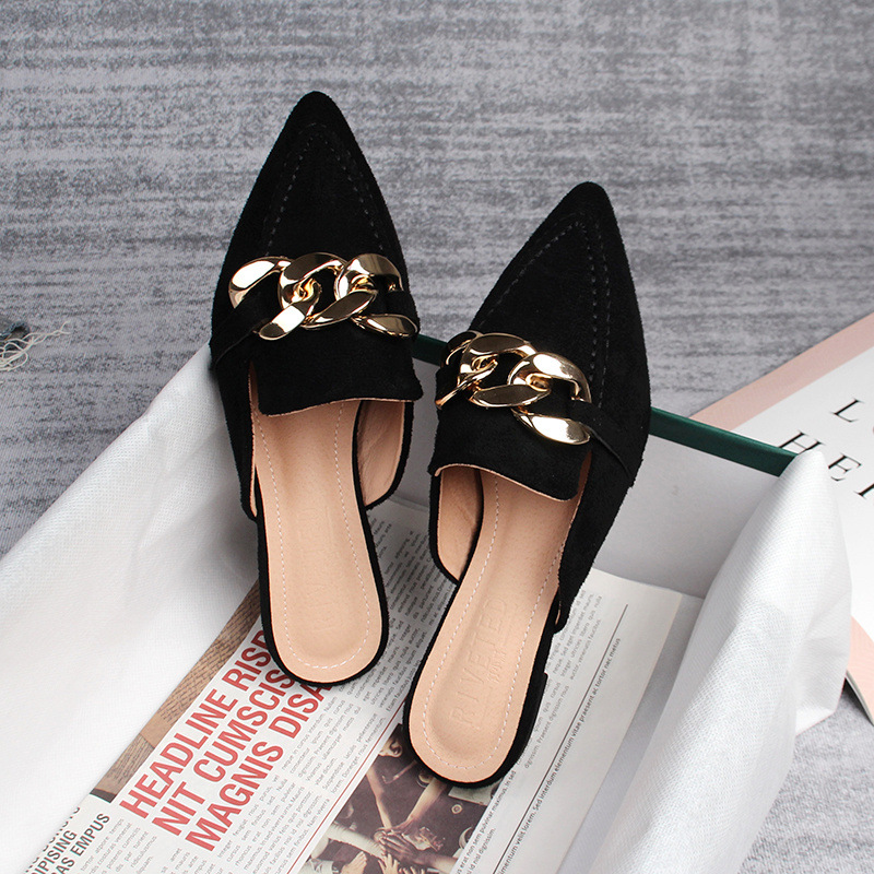 Flat half slippers women's spring and autumn new pointed metal chain Muller shoes 41-43 foreign trade shoes wholesale_voghion.com