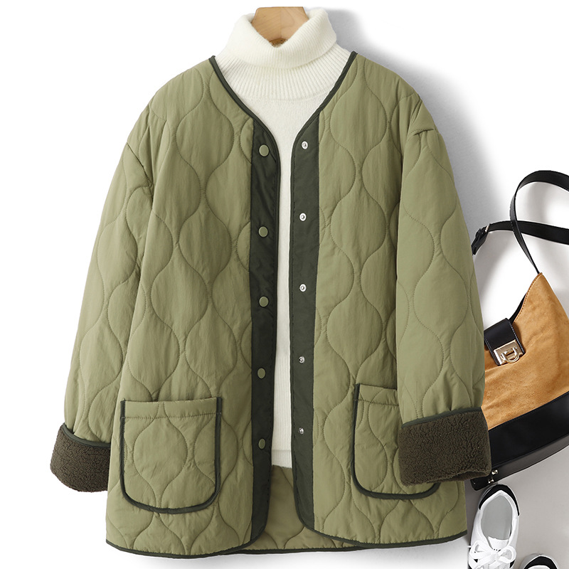 2025新款秋冬韩版圆领拼色加绒加厚羊羔毛中长款棉衣外套面包服