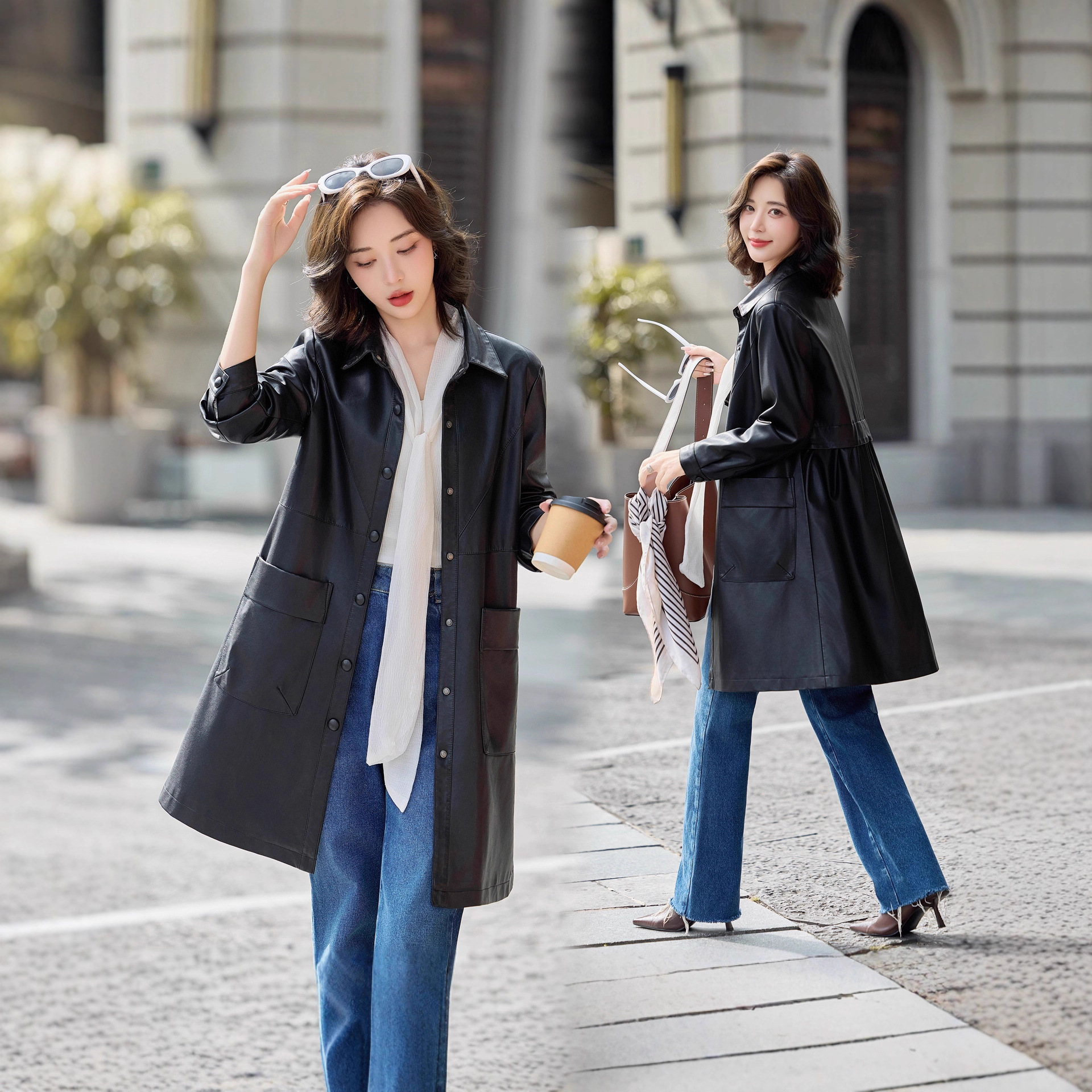 2025 New Autum Fashion Goatskin Leather Jacket for Women Classy Mid-Length Autum Loose Classy Slim Leather Jacket