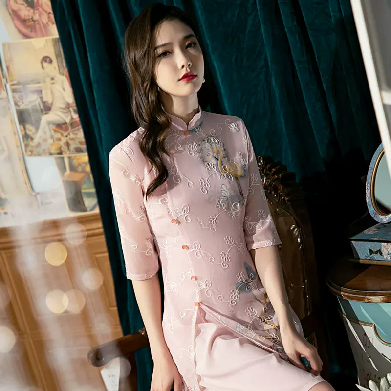 2025年新品中长款旗袍雪纺绣花中国风仙鹤图案连衣裙奥黛改良旗袍