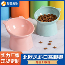 北欧风高脚猫碗倾斜护颈防打翻塑料碗加高宠物食盆