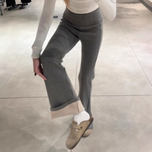 灰色加绒微喇叭裤子女2026新款冬季高弹力马蹄裤瑜伽运动加厚卫裤