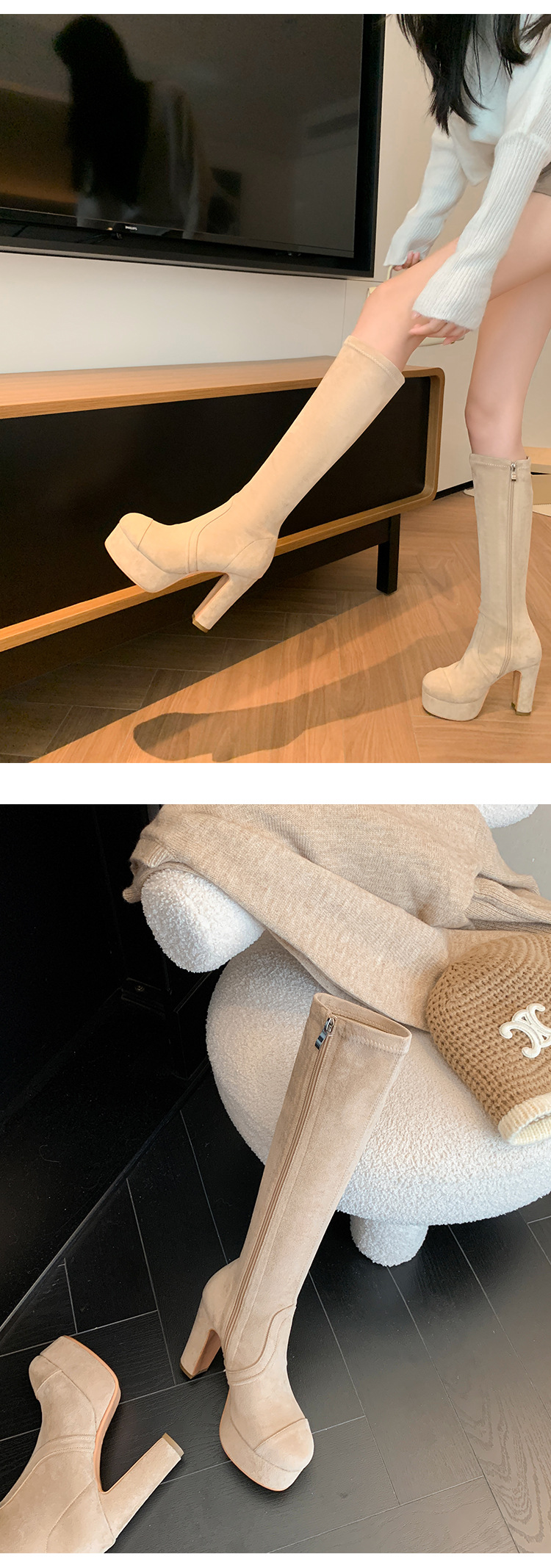 Boot nữ cổ cao ôm bắp chân gót 11cm đế platform mũi tròn — Quả mơ ống nhỏ đơn li, Lớp lót nhung lớn màu đen, Lớp lót nhung ống nhỏ màu mơ, Ống nhỏ màu đen đơn li chi tiết 9