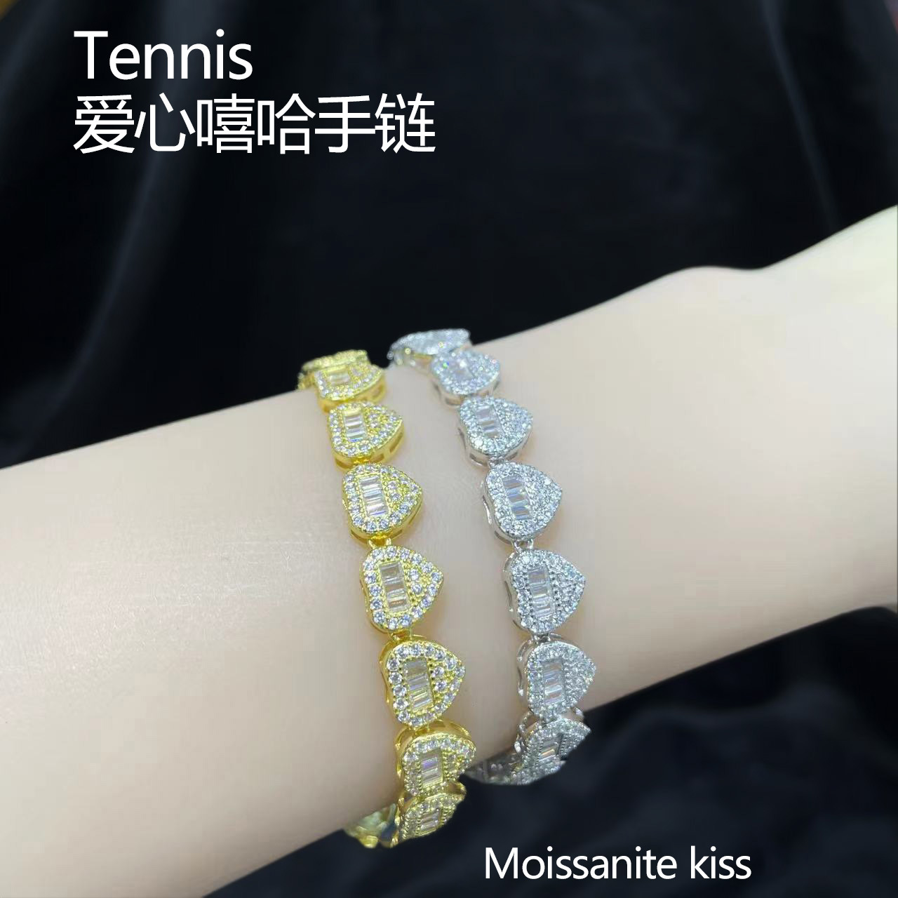 European and American Cross-Border S925 Sterling Silver Heart Bracelet Full of Zircon Hip-Hop Stylish Trendy Heart-Shaped Tennis Bracelet for Men and Women