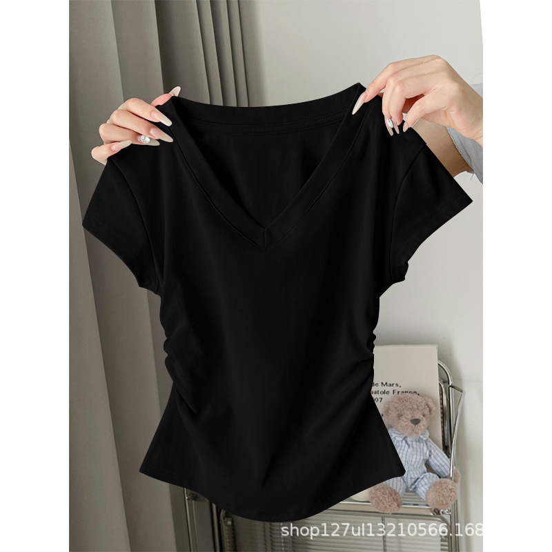 Ribbed Short-Sleeve T-Shirt for Women 2025 New Summer Style, Pleated, Elegant, Tummy-Concealing, Luxurious, Slim-Fit, Versatile Top