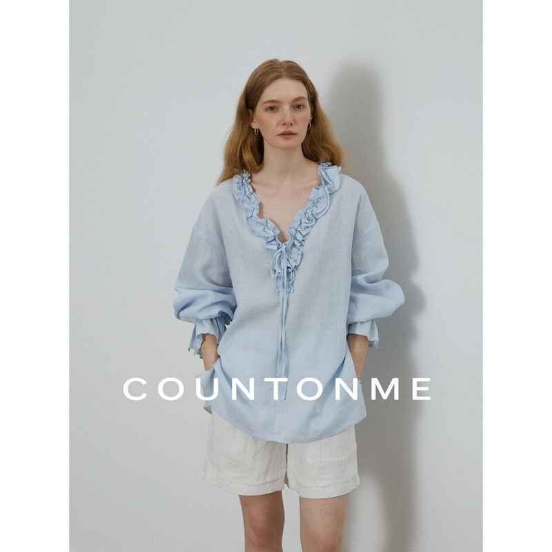 Countonm Relaxed and Lazy Style/French Romantic Style 100% Linen Handmade Ruffled V-Neck Tie Shirt for Women Countonm Relaxed and Lazy Style/French Romantic Style 100% Linen Handmade Ruffled V-Neck Tie Shirt for Women