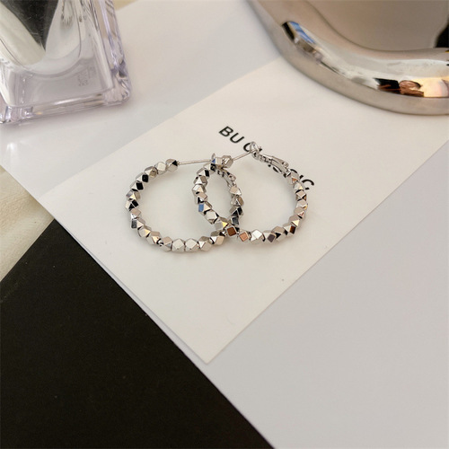 Stylish mosaic plain hoop earrings with geometric rhombus silver beads, versatile temperament metal style minimalist large hoop earrings, personalized