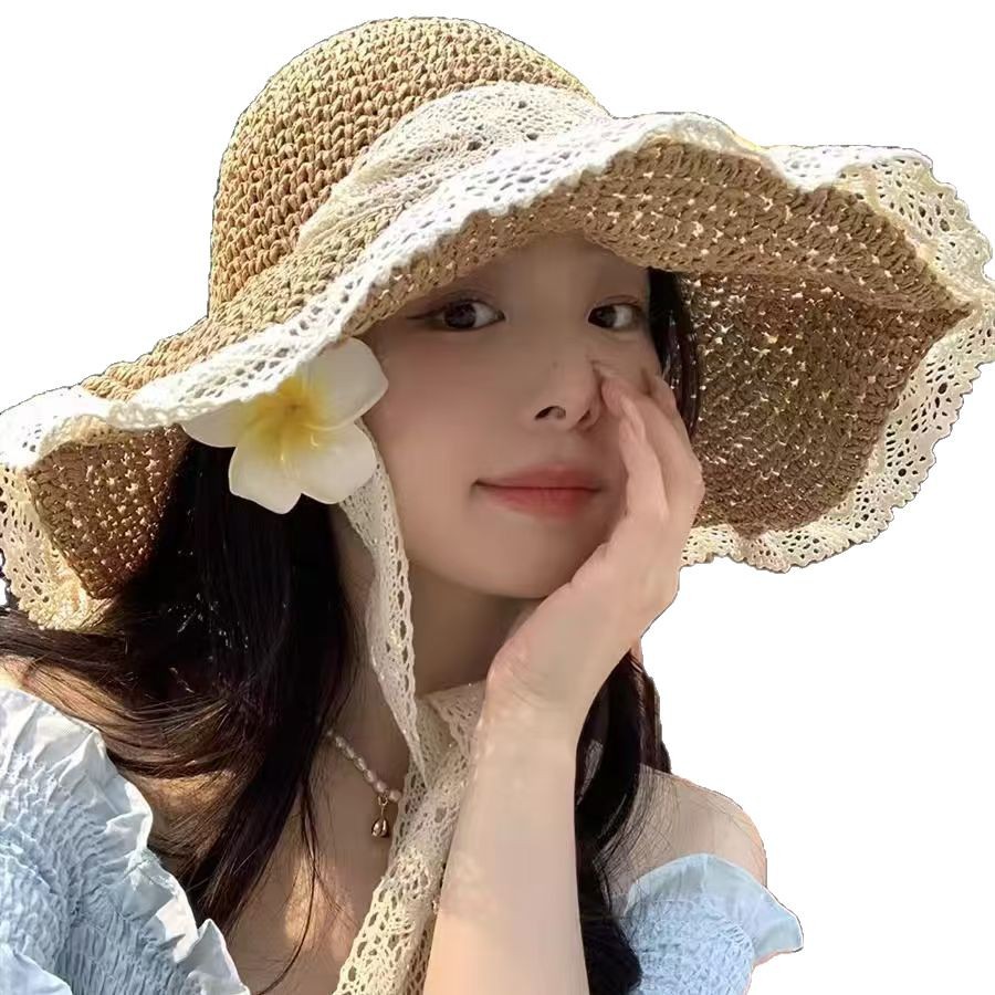 Sombrero de paja de encaje de gran ala de verano de 2025 para viajar a la playa sombrero de protección solar sombrero de sol sombrero de paja de playa