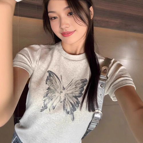 Butterfly Print Regular Shoulder Short Sleeve T-Shirt for Women 2025 Summer Fitting Slimming Short Length Round Neck Top for Women
