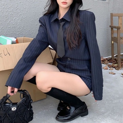 Pure Desire Hot Girl Style Blue Striped Long Sleeve Shirt and Slim Suit Shorts Set for Women Spring and Autumn Two-Piece Set