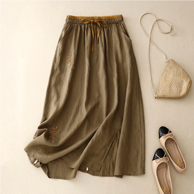 Real Shot Artistic Embroidered Spliced Skirt Elapto Waist Color-matching A- line Skirt Women's Vintage Linen Loose Midi Skirt