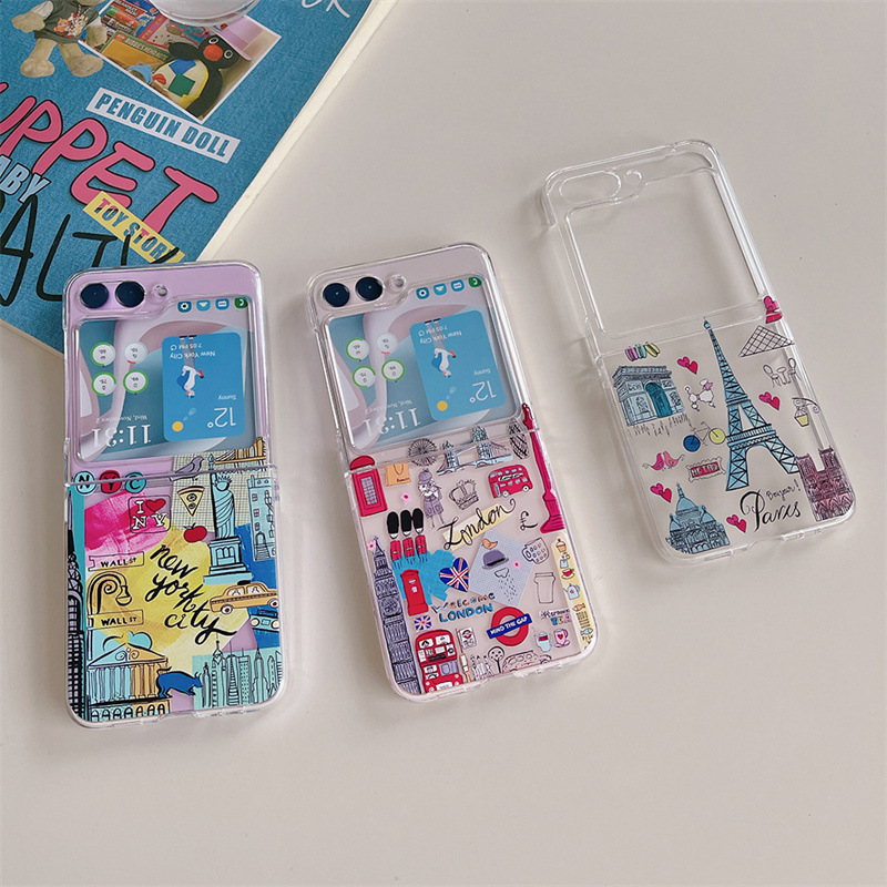 Foldable Phone Case for Samsung Zflip6 New York Paris Travel Label Painted Zflip5 Protective Case