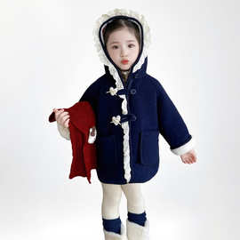 女童洋气毛呢外套新款女小童时髦冬装加绒加厚中长款呢子大衣保暖