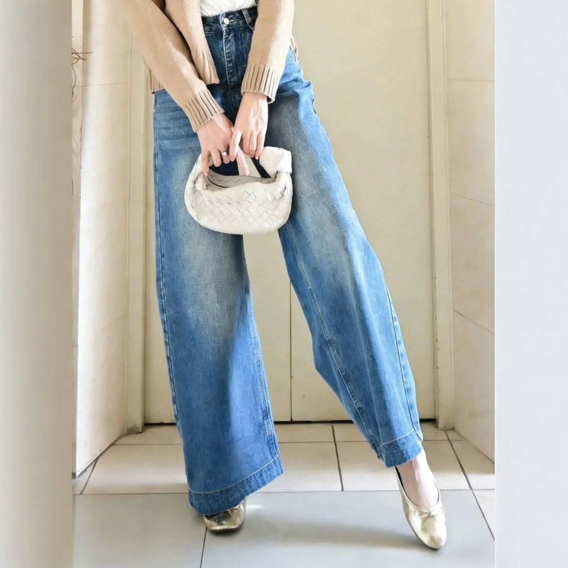 Relaxed and Beautiful Cherry Blossom Pink Knit Denim Pants That Make You Look Slimmer and Straighter, Wide-Leg Jeans for Women, Factory Direct Supply Wholesale