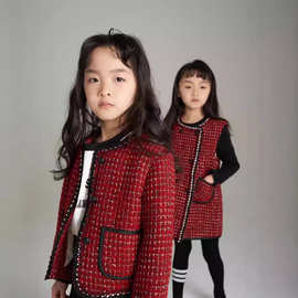 现货小香风两件套秋冬款儿童红色连衣裙时髦洋气新年拜年服礼服裙