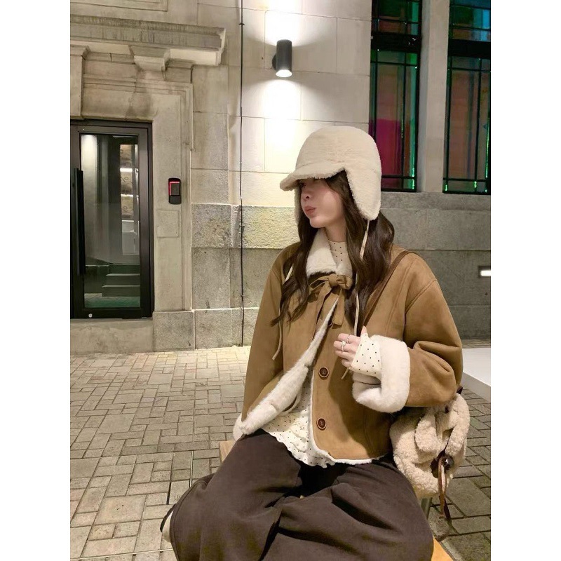 French-Style Sweet Lace-Up Bow Lapel Fur Integrated Jacket for Women 2025 Autumn New Motorcycle Jacket Top