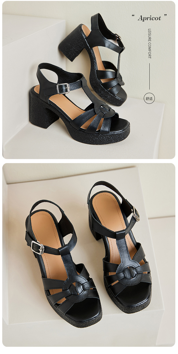 Sandal cao gót nữ quai ngang da thật phong cách La Mã đế dày gót thô — Màu đen chi tiết 33